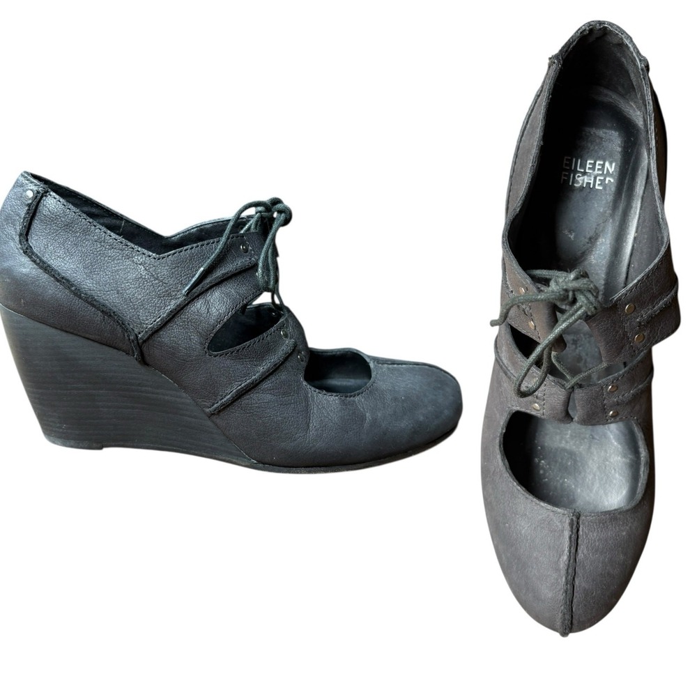 Eileen Fisher Black Leather Seamed Detail Laceup Closed Toe Wedge Heels -‎ 7